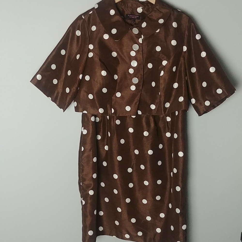 Signature By Ronnie Bee Brown And White Polka Dot Dress With Smocked Jacket